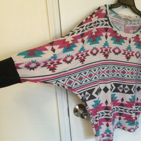 Pink Aztec Print Geometric Oversized Longsleeve Slouchy shirt Boho Pullover - Picture 2 of 7